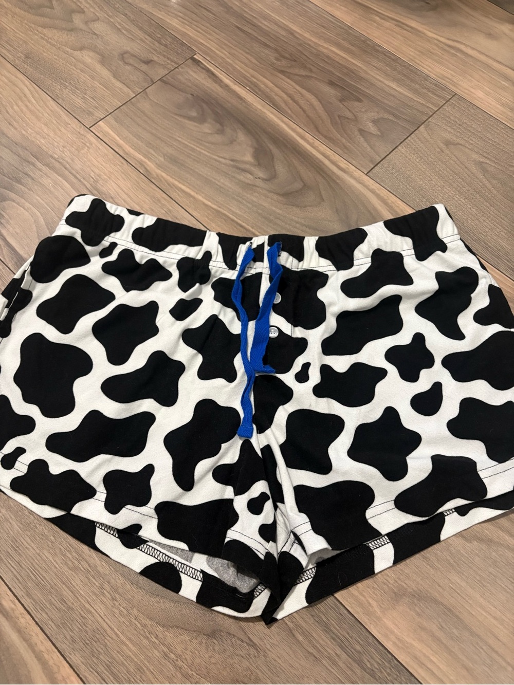 Cow Print Pajama Shorts with Blue Drawstring